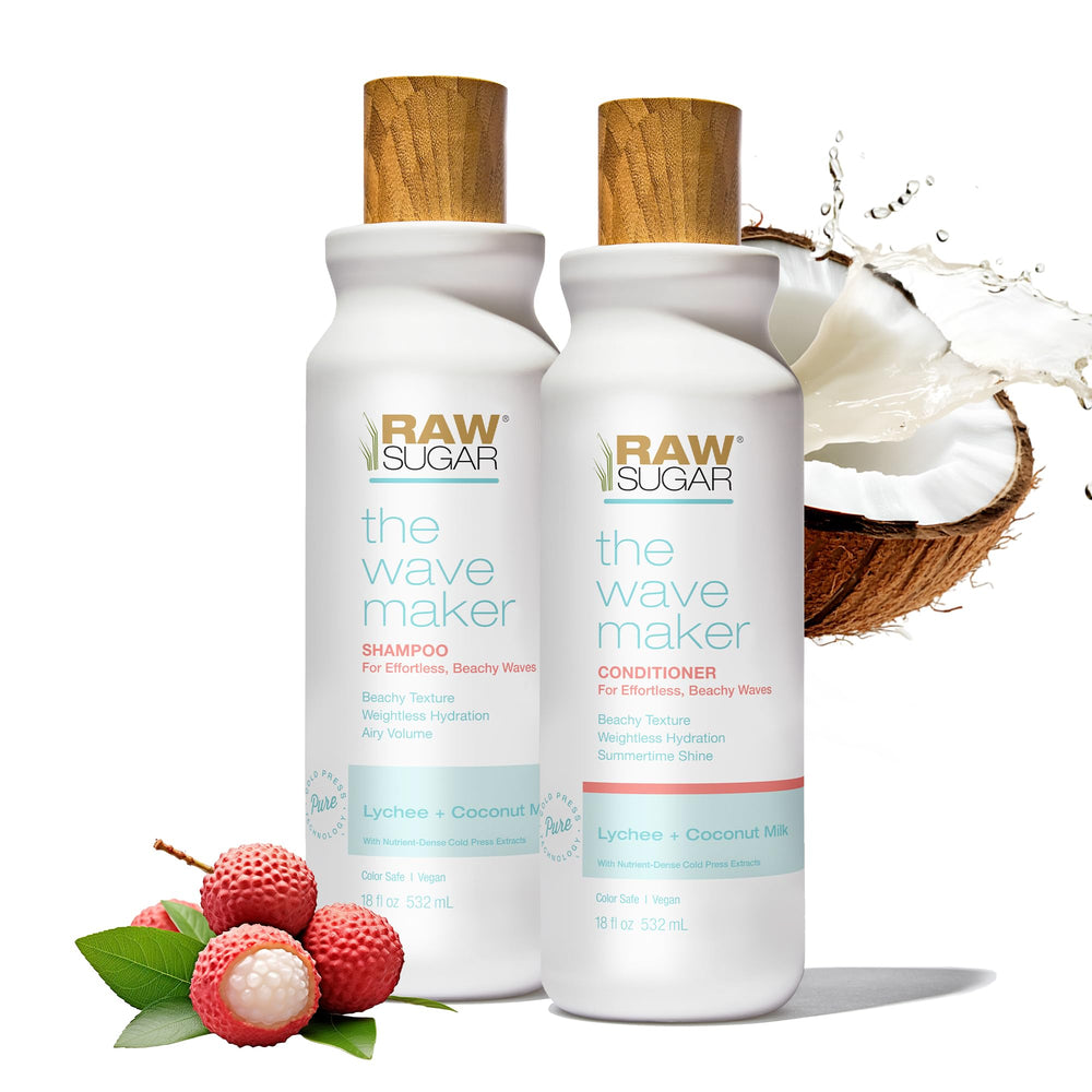 RAW SUGAR Wave Maker shampoo bottle, highlighting lightweight cleansing for textured waves