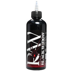Raw Black Widow tattoo ink bottle closeup with rich deep black pigment for bold lines.