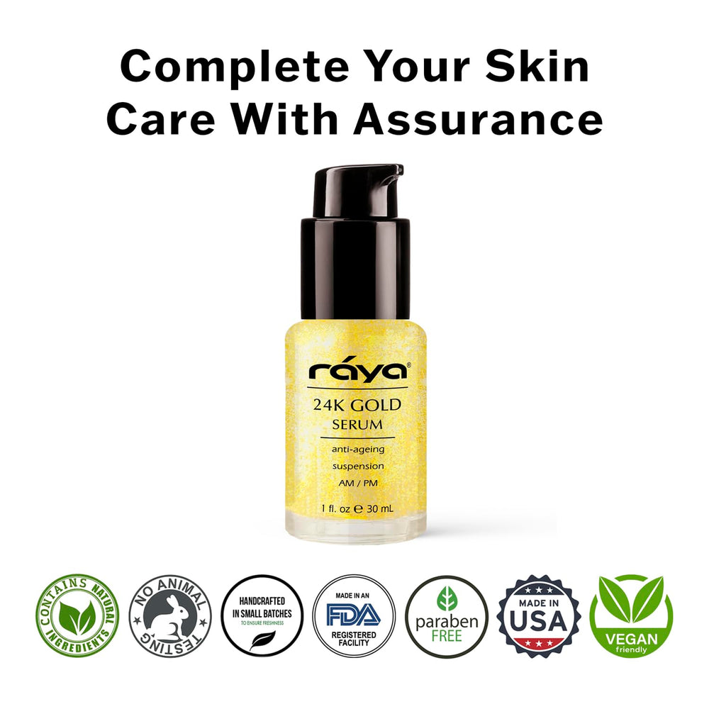 Raya 24K gold serum packaging on shelf exudes luxury.