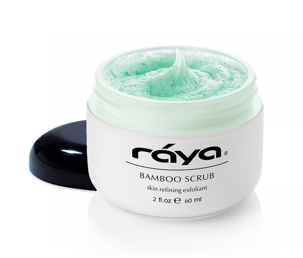 Raya Bamboo Facial Scrub jar top view for smooth, refreshed skin.