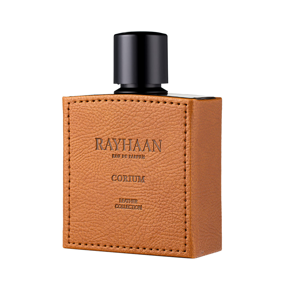 Rayhaan Corium bottle highlights wood and leather base for lasting sophistication.
