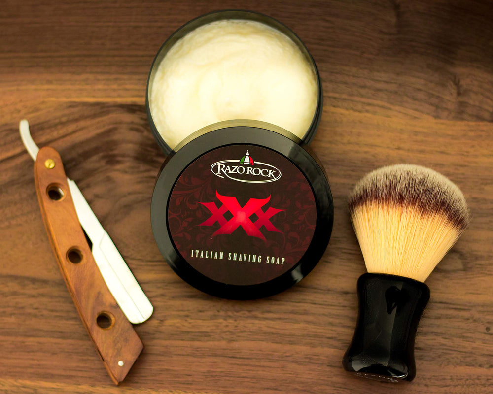 RazoRock XXX lather with shaving brush demonstrates creamy texture for wet shaving