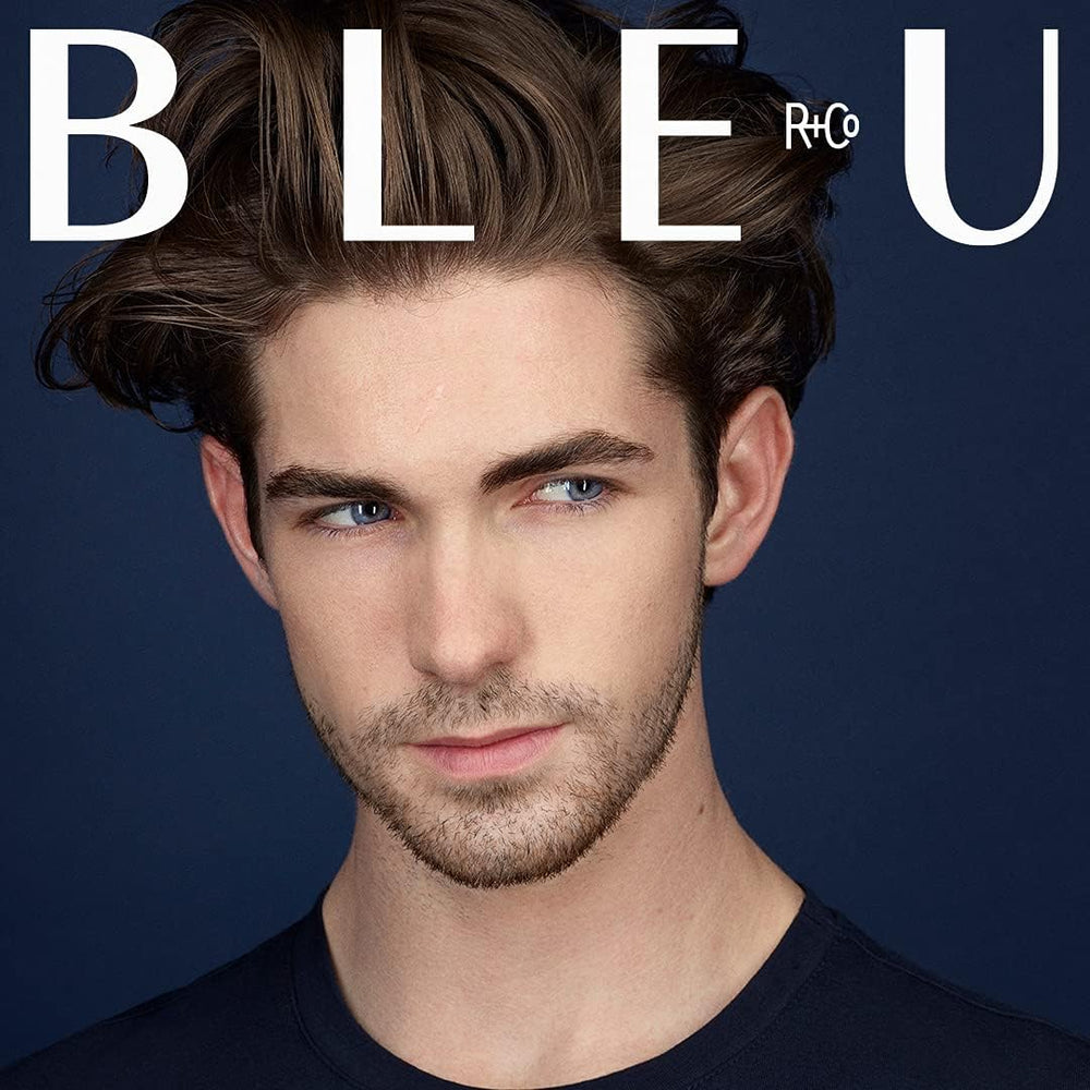 R+Co BLEU pomade bottle back with product details and design cues.