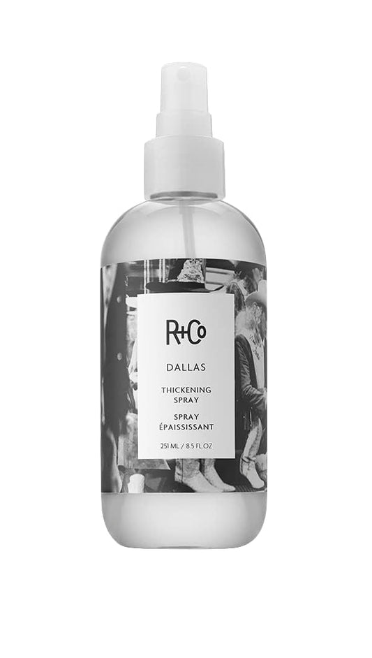 R+Co Dallas hair thickening spray bottle delivers volume, body, and sleek shine.