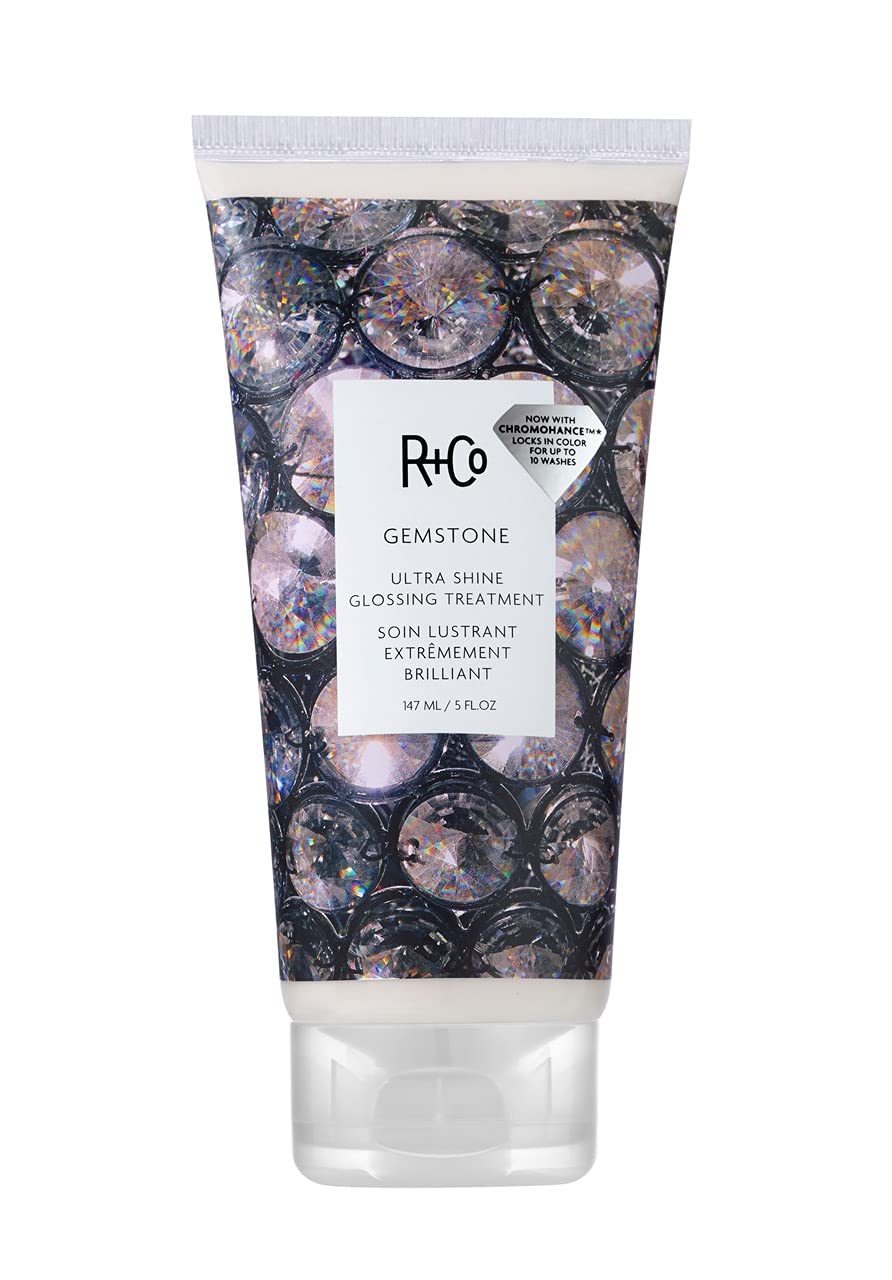 R+Co Gemstone Ultra Shine bottle shows opalescent formula for radiant color.