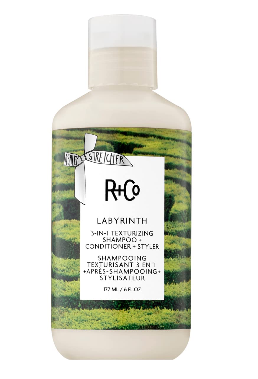 R+Co Labyrinth 3-in-1 bottle front showing weightless volume and texture benefits.