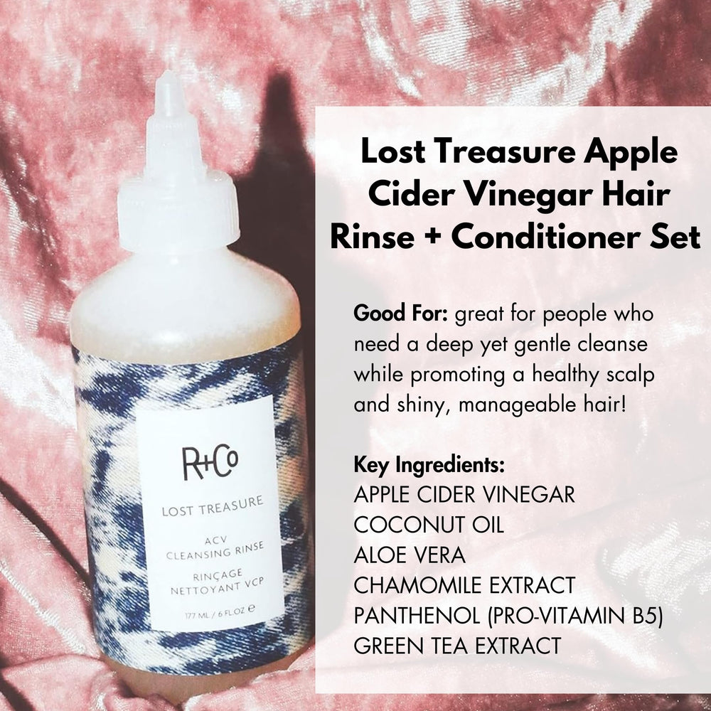 R+Co Lost Treasure packaging shot showcases the set for clean hair care.