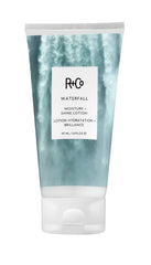 R+Co Waterfall bottle pour shows lightweight hydration for fine hair.