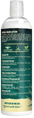 Real Aloe lotion with aloe leaf close-up emphasizes natural ingredients for sensitive skin.