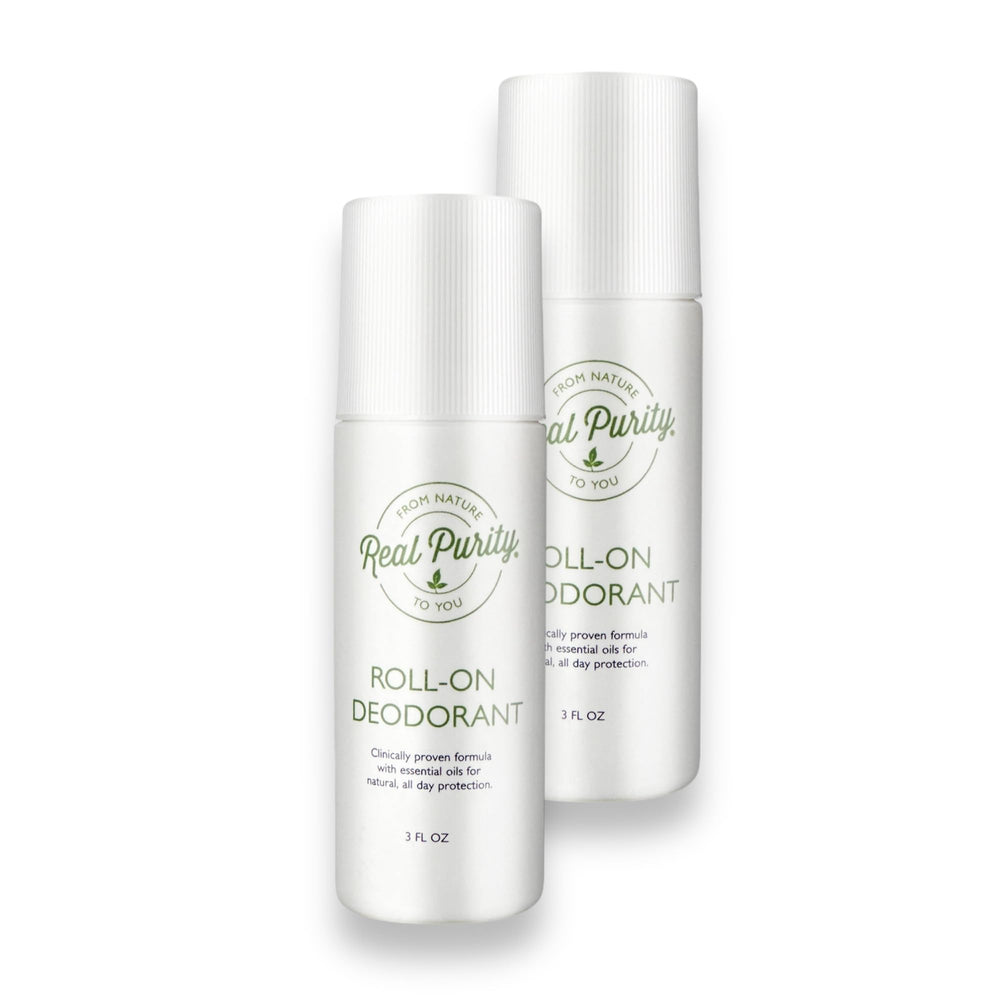 Real Purity Roll-On Deodorant bottle close-up with natural ingredients, promoting everyday freshness.