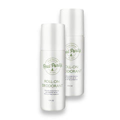 Real Purity Roll-On Deodorant bottle close-up with natural ingredients, promoting everyday freshness.