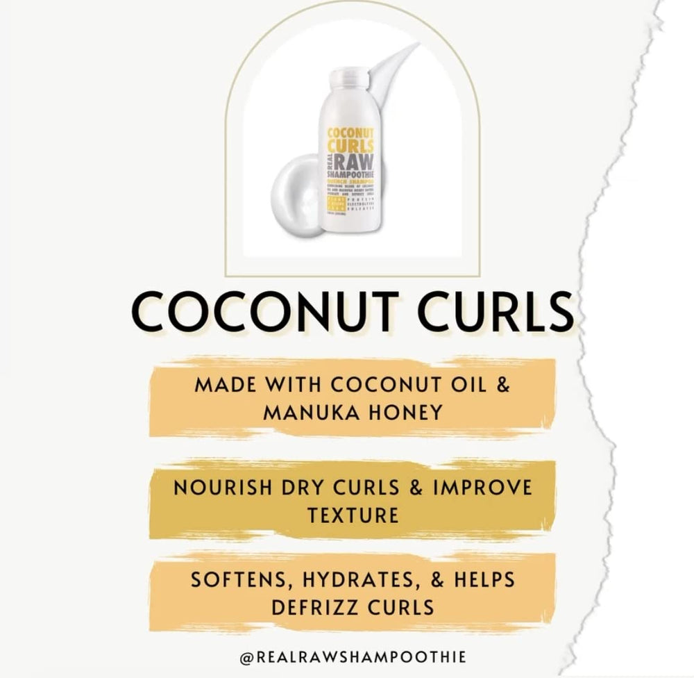 Real Raw Coconut Curls Conditioner hair close-up illustrates smooth, shiny curls after use.