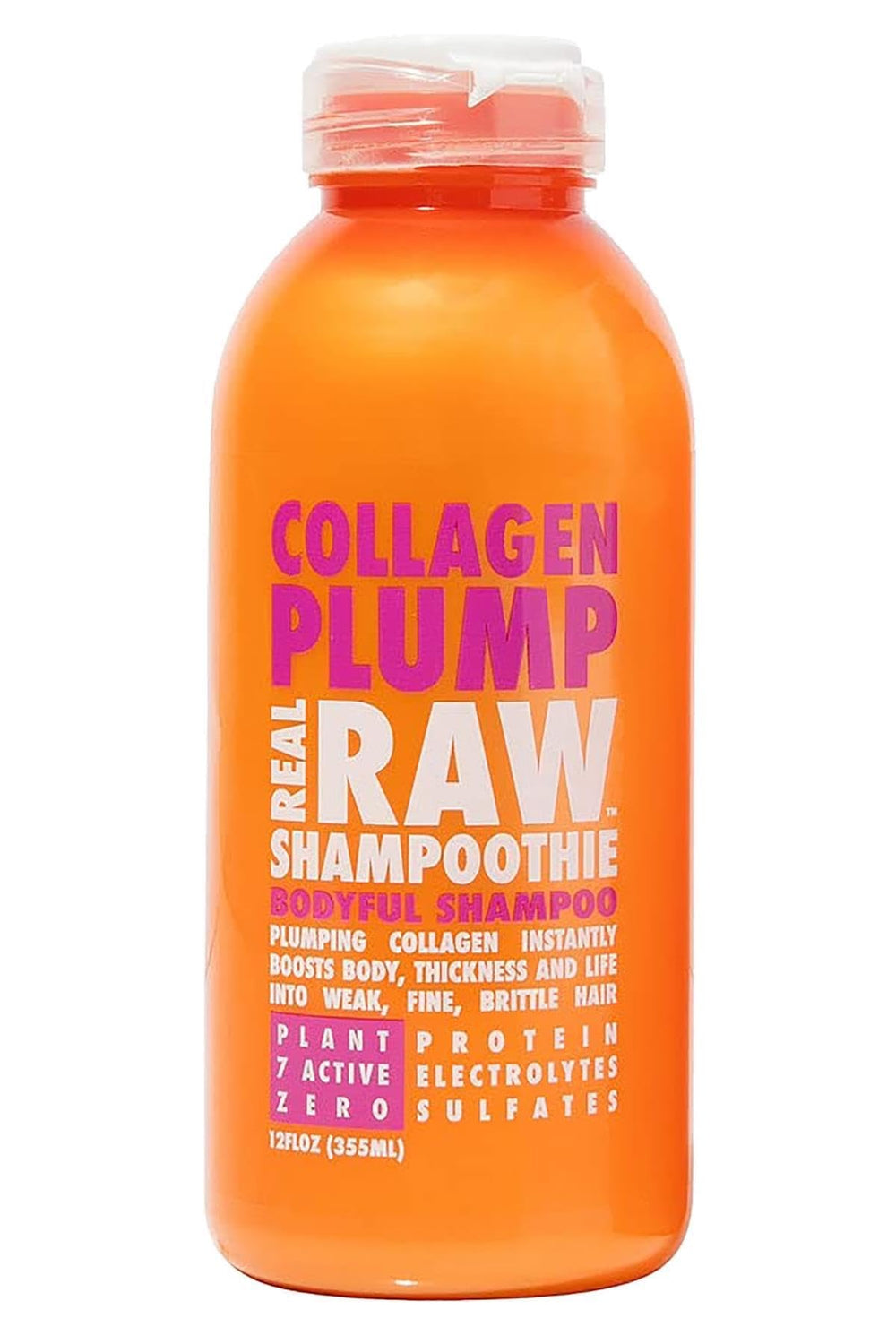 Real Raw Collagen Shampoo bottle promotes volume and repair for dull hair.