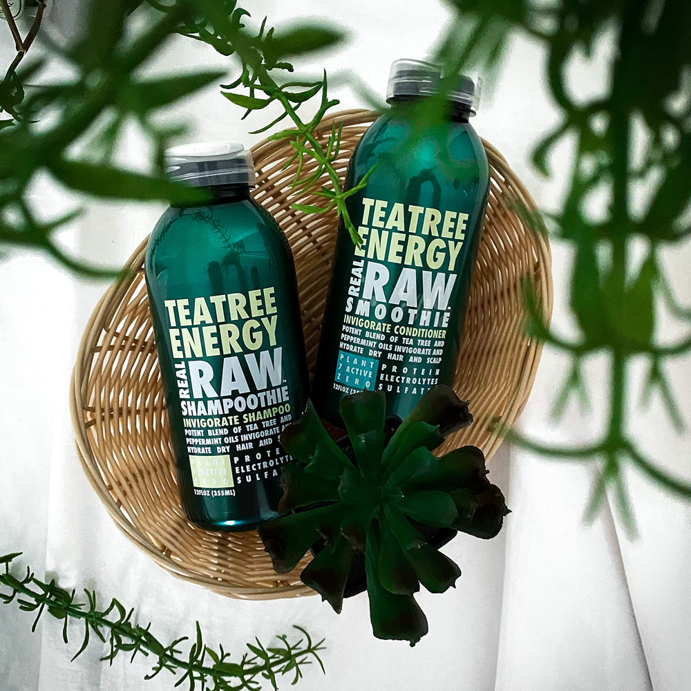 Real Raw Tea Tree ingredients close-up highlights aloe and coconut water