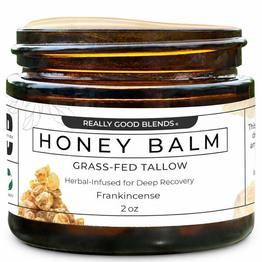 Really Good Blends Tallow Honey Balm packaging showcasing handmade USA craftsmanship.