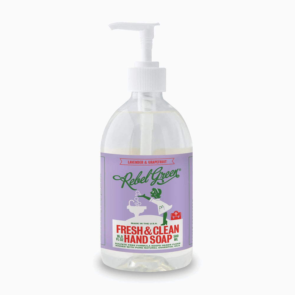 Rebel Green lavender grapefruit bottle ideal for guest baths and kitchens.