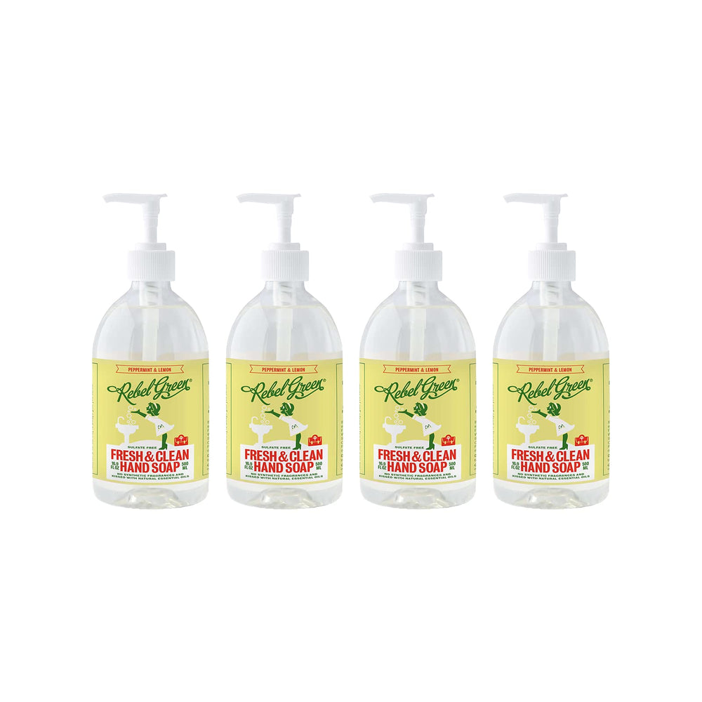 Rebel Green liquid hand soap bottle on counter, gentle moisturizing formula.