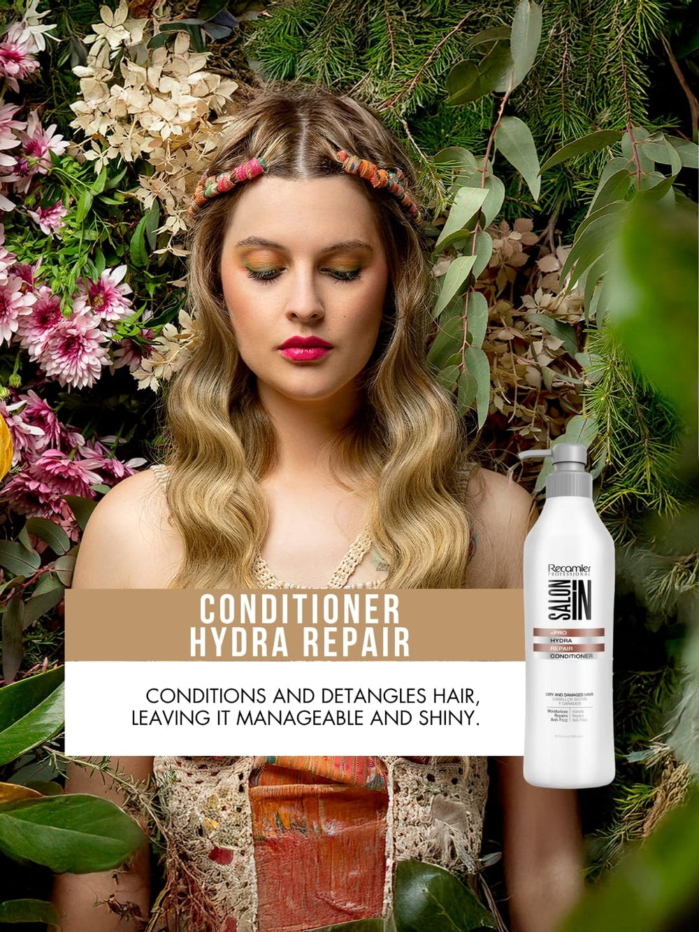 RECAMIER Hydra Repair Conditioner label close-up highlights argan oil and amino acids.