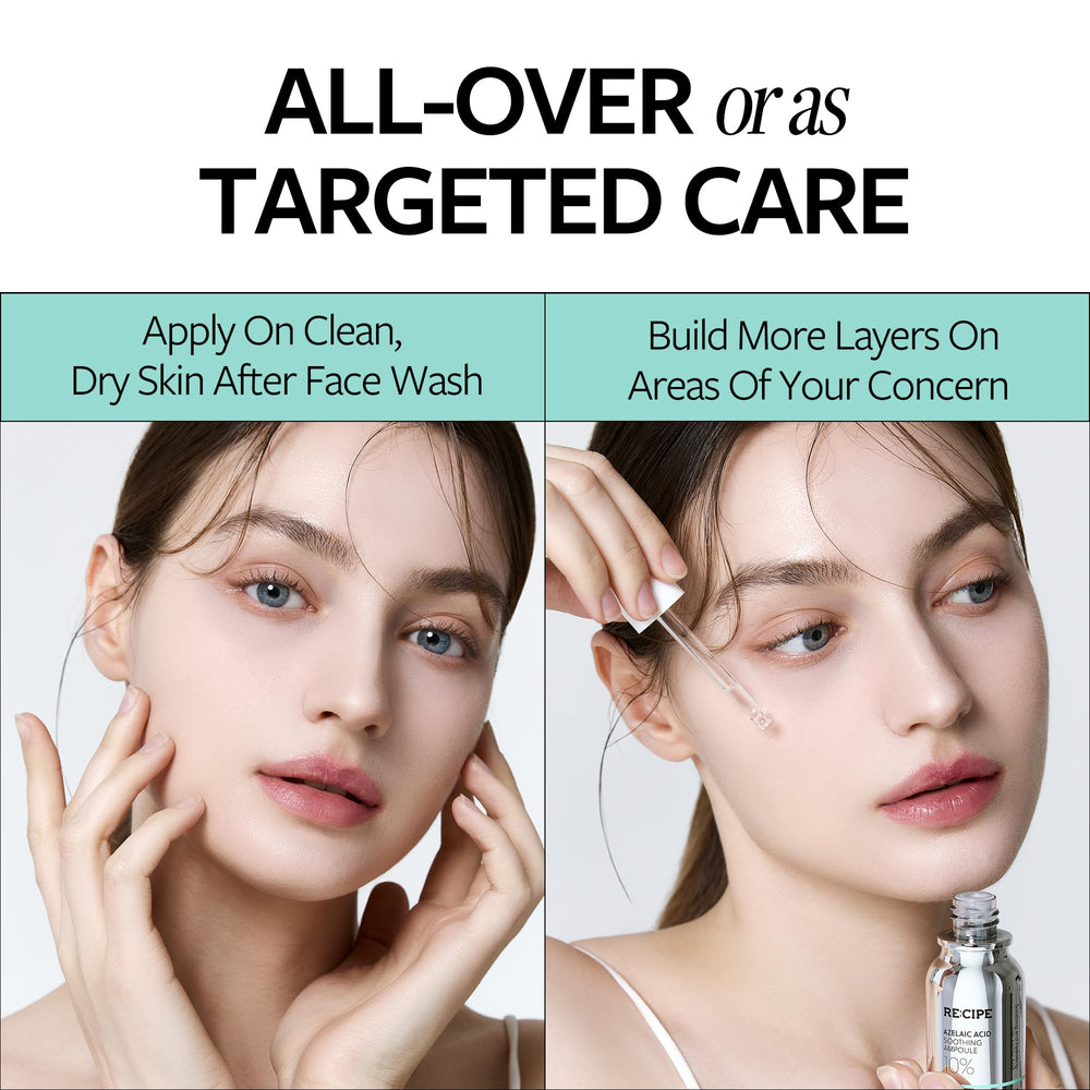 RE:CIPE Azelaic Acid 10% soothing ampoule on skin demonstrating calming glow