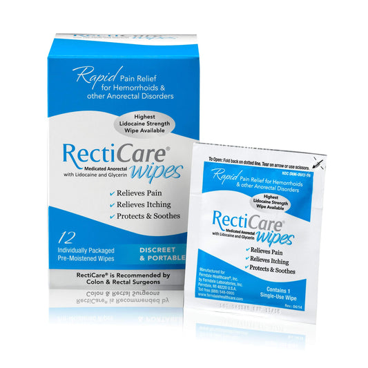 RectiCare Medicated Anorectal Wipes pack front for discreet on-the-go relief.