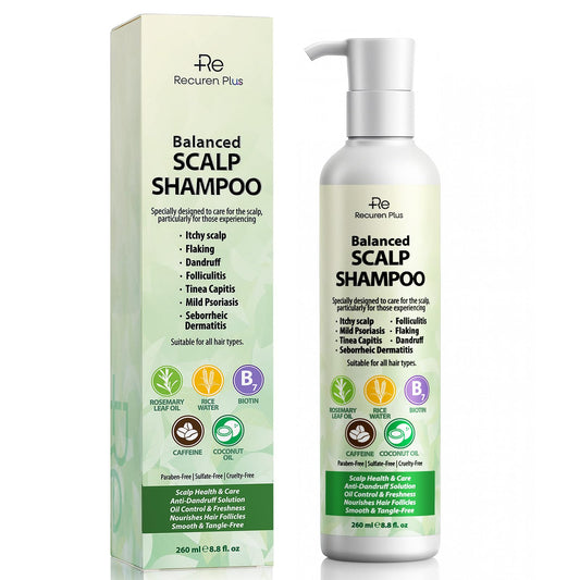 Recuren Plus antifungal shampoo bottle promoting clean, comfortable scalp day after day