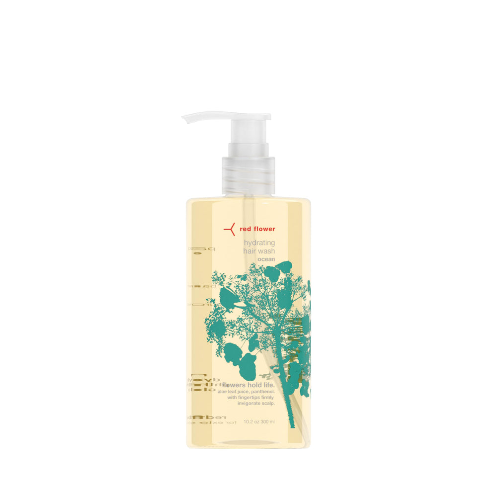 Red Flower Ocean Hydrating Hair Wash bottle highlights sulfate-free moisture for all hair types.