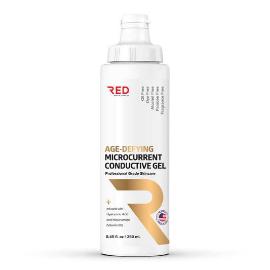 Red Medical Supplies age-defying gel bottle ready for non-greasy hydration during treatment