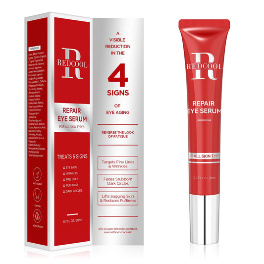 Redcool caffeine and retinol serum bottle showcases branding for daily brightening.