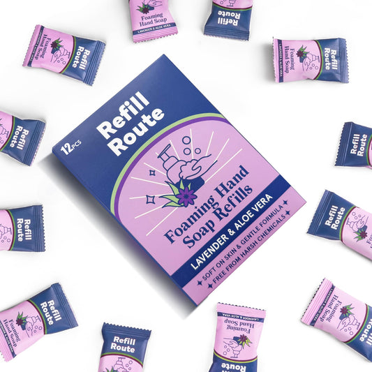 Refill Route lavender foam-tablet packaging highlights eco-friendly design for easy refills