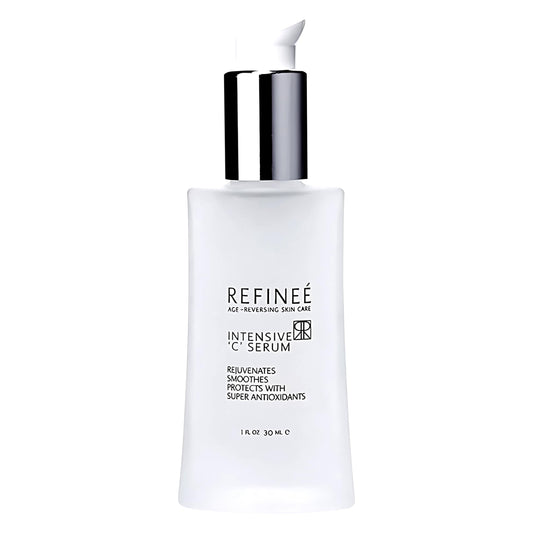 Refinee intensive vitamin C face serum bottle pump for precise daily dosing.