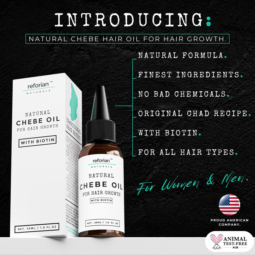REFORIAN Chebe Oil ingredients visual highlight biotin and Chebe blend for nourished hair.