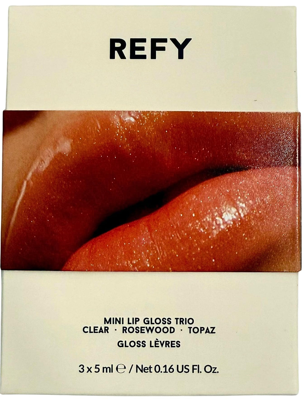 REFY Mini Lip Gloss Trio Clear gloss for a smooth, non-sticky shine on the go.