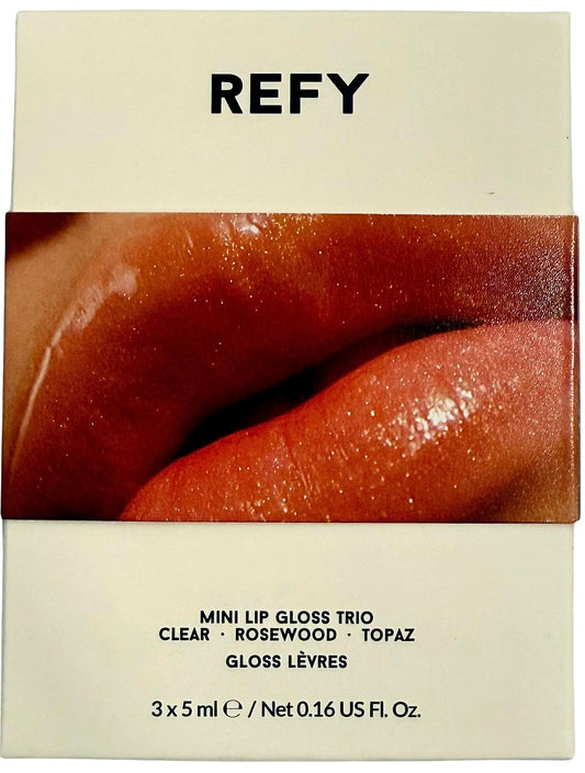 REFY Mini Lip Gloss Trio Clear gloss for a smooth, non-sticky shine on the go.