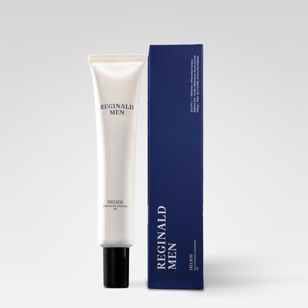 Reginald Men Helios sunscreen bottle front view highlighting matte packaging