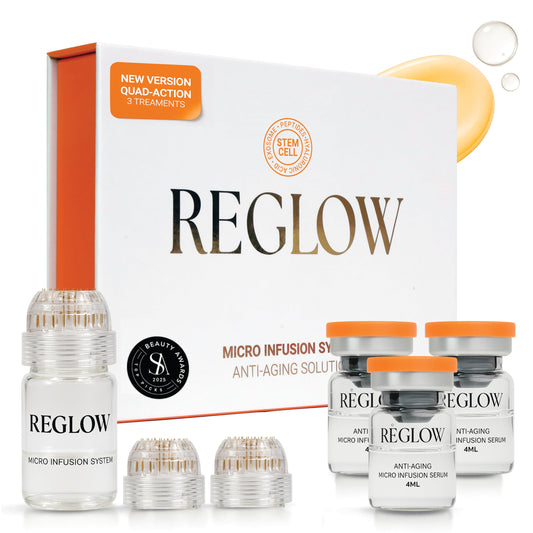 ReGlow 24K gold microneedling tool enhances serum delivery for firmer, radiant skin.