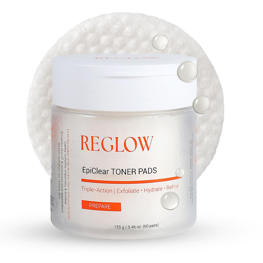 ReGlow EpiClear toner pad dual-texture exfoliation for smoother skin.