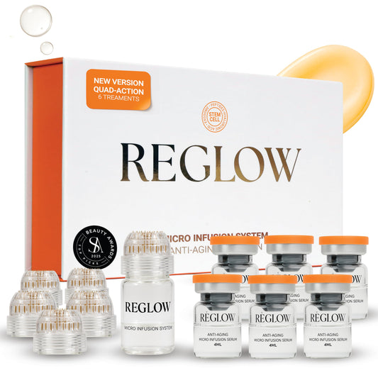 ReGlow Micro Infusion System close-up showing 24K gold microneedling tip for deeper serum absorption.