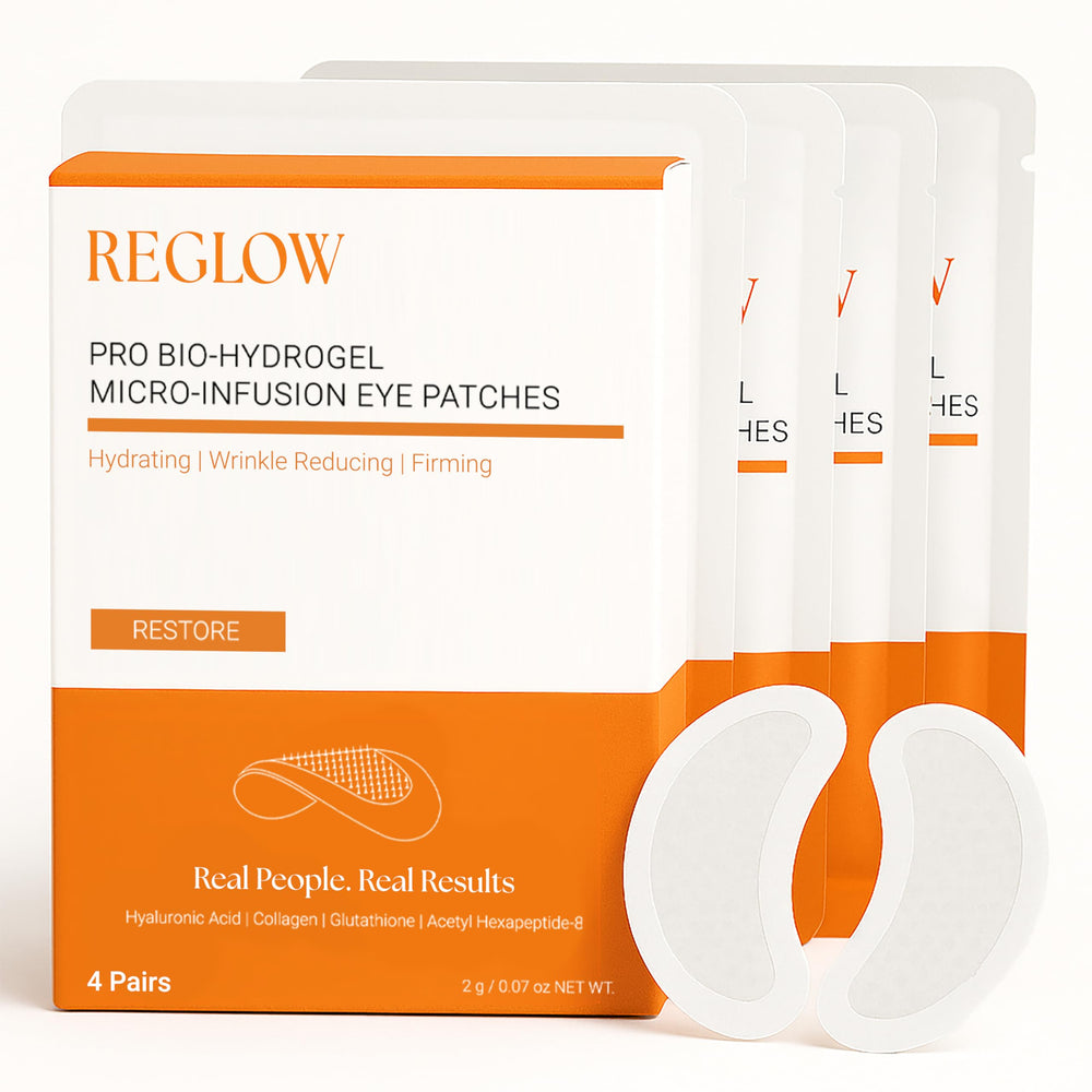 ReGlow Restore eye patches during overnight application for potential under-eye smoothing.