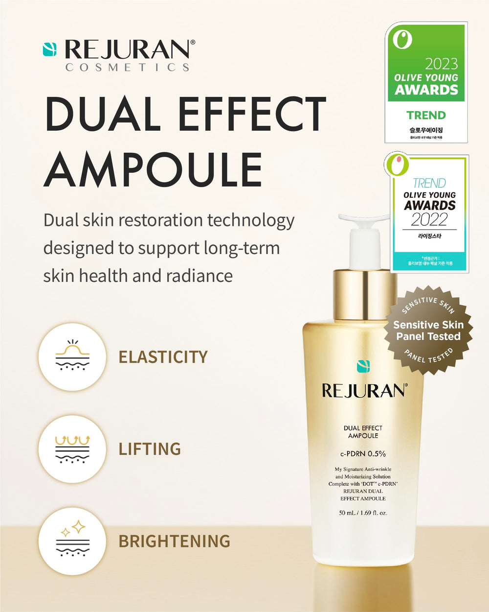 REJURAN Dual Effect Ampoule serum is dispensed, showing lightweight texture