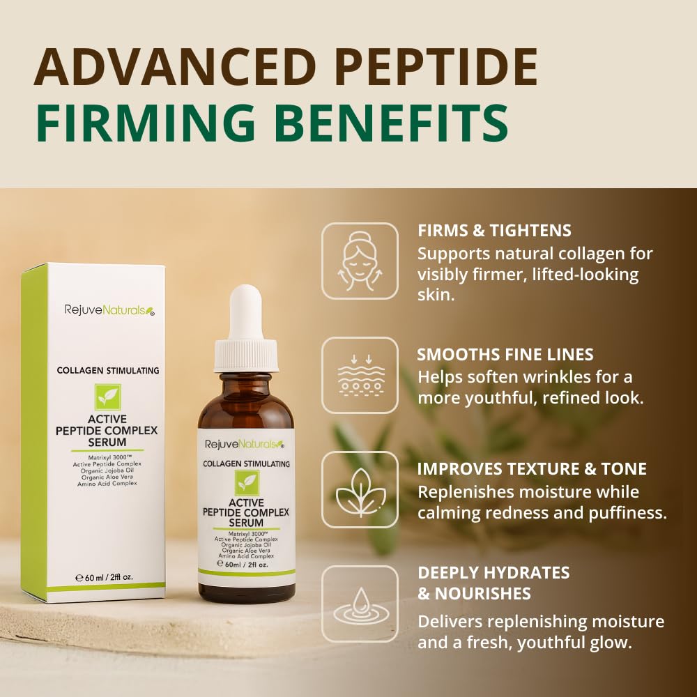 Close-up label of RejuveNaturals serum with Matrixyl 3000 for firmer-looking skin.