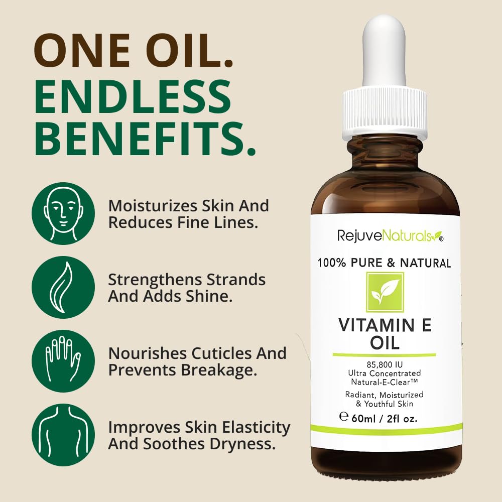 RejuveNaturals Vitamin E Oil supports skin appearance with gentle care.