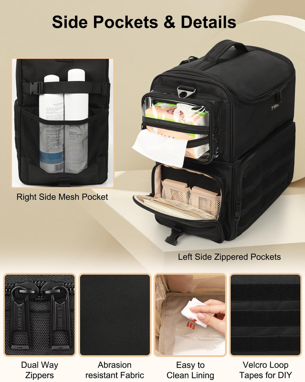 Bottom four clear bags in Relavel case for cosmetics and tools