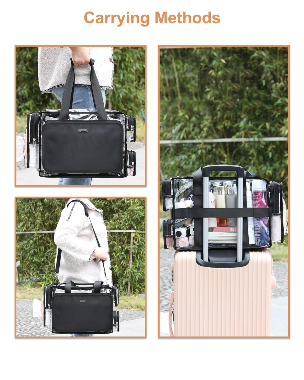 Relavel clear makeup bag with adjustable dividers for flexible layout.