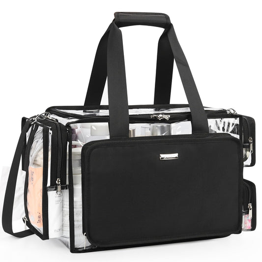 Relavel clear makeup bag with extra-large opening for quick access to cosmetics.