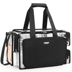 Relavel clear makeup bag with extra-large opening for quick access to cosmetics.