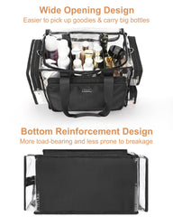 Relavel clear makeup bag showing multiple compartments for organized storage.