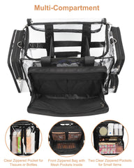 Relavel clear makeup bag with adjustable shoulder strap for easy transport.