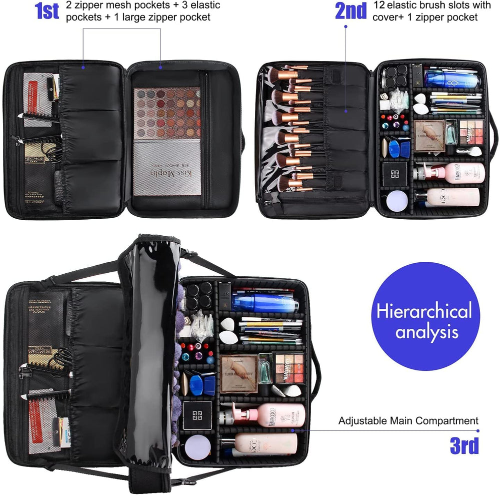 Relavel extra large makeup case adjustable dividers for custom layouts.