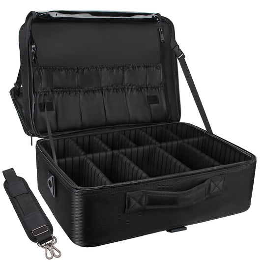 Relavel extra large makeup case open view with organized tool compartments.
