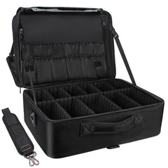 Relavel extra large makeup case open view with organized tool compartments.